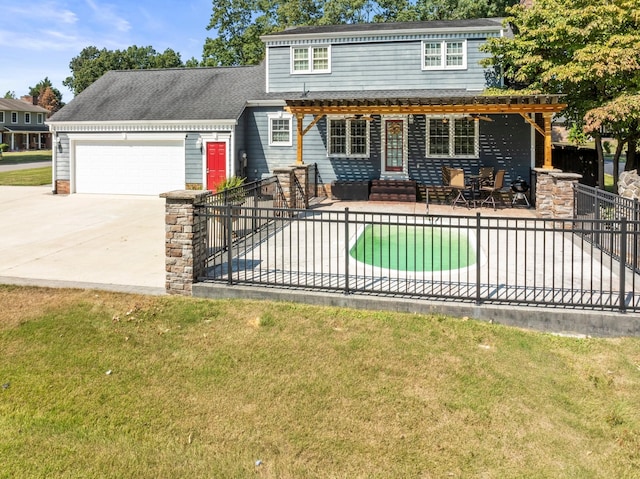 view of front of house featuring driveway, a patio area, roof with shingles, fence, and a garage