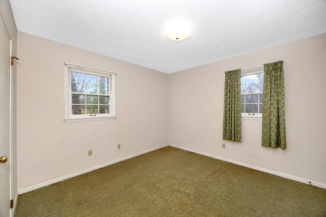 carpeted empty room featuring baseboards, a textured ceiling, and a healthy amount of sunlight