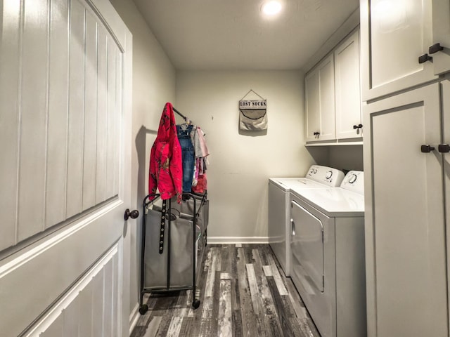 5113 Highland Lick Rd, Lewisburg, KY 42256 - washroom with dark wood-style flooring, cabinet space, baseboards, and washer and clothes dryer