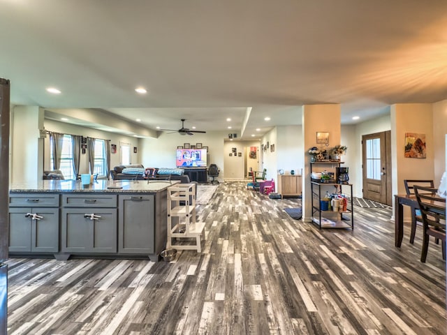 5113 Highland Lick Rd, Lewisburg, KY 42256 - kitchen with dark wood-style flooring, recessed lighting, a ceiling fan, light stone counters, and open floor plan