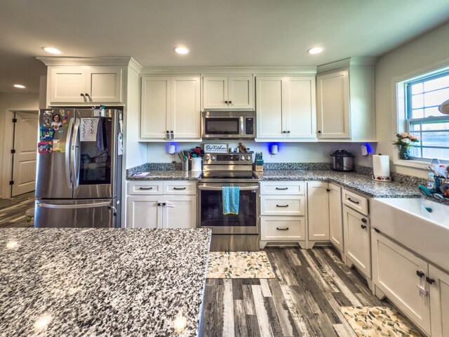 5113 Highland Lick Rd, Lewisburg, KY 42256 - kitchen featuring recessed lighting, stainless steel appliances, dark stone counters, dark wood-style floors, and white cabinets