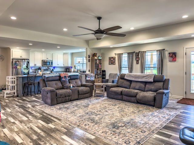 5113 Highland Lick Rd, Lewisburg, KY 42256 - living room featuring baseboards, wood finished floors, ceiling fan, and recessed lighting