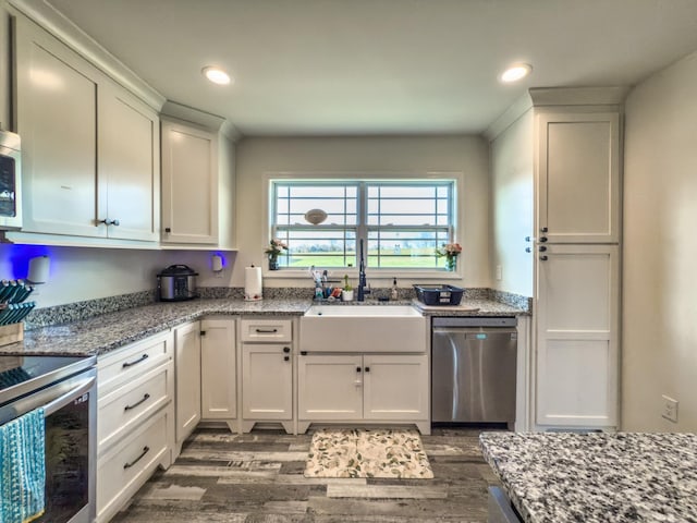 5113 Highland Lick Rd, Lewisburg, KY 42256 - kitchen with stainless steel appliances, recessed lighting, a sink, stone countertops, and dark wood-style floors