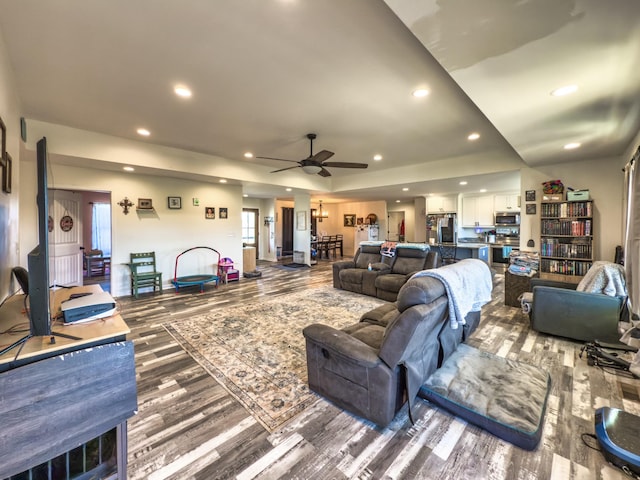 5113 Highland Lick Rd, Lewisburg, KY 42256 - living room featuring wood finished floors, a tray ceiling, ceiling fan, and recessed lighting