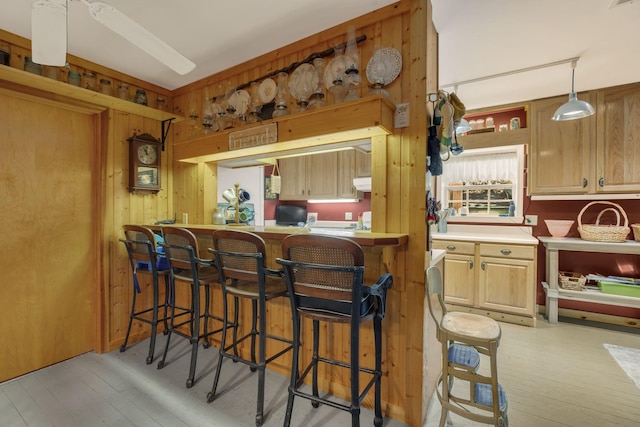 9395 Greenbriar Rd, Waverly, TN 37185 - kitchen with light wood-style floors, wood walls, a breakfast bar area, and light countertops
