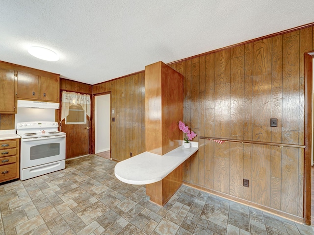 440 Appleton Dr, Clarksville, TN 37042 - kitchen featuring light countertops, white electric stove, wooden walls, brown cabinetry, and under cabinet range hood