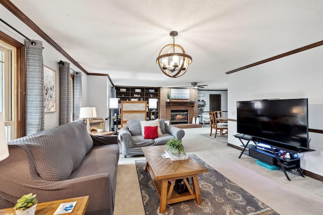 living room featuring a textured ceiling, carpet, and ornamental molding