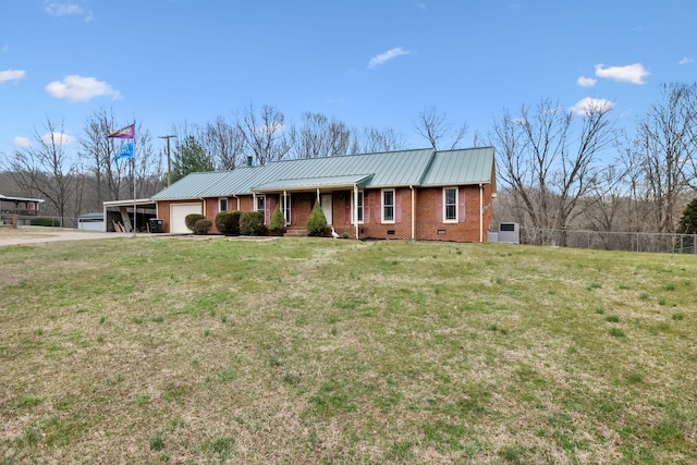 single story home featuring metal roof, an attached garage, brick siding, a standing seam roof, and a front lawn