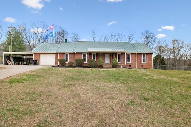 single story home featuring an attached carport, brick siding, a front lawn, and concrete driveway