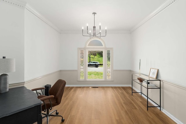 6525 Chessington Dr, Nashville, TN 37221 - office featuring baseboards, wood finished floors, ornamental molding, and a chandelier