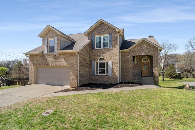 6525 Chessington Dr, Nashville, TN 37221 - traditional home featuring a front yard, roof with shingles, concrete driveway, an attached garage, and brick siding
