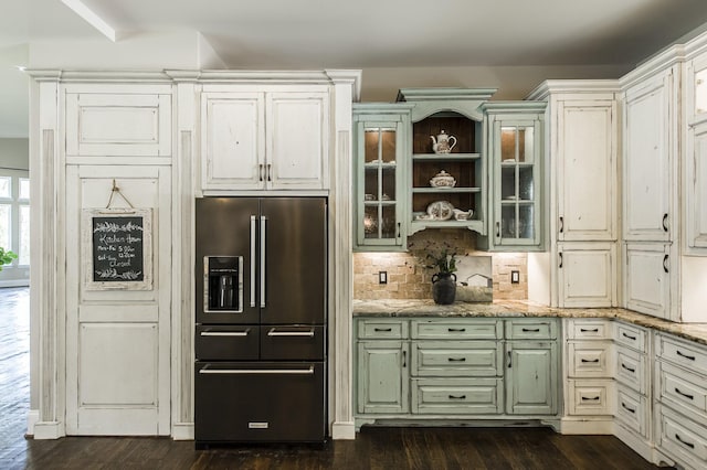817 Burton Point Rd, Mount Juliet, TN 37122 - kitchen featuring dark wood-style flooring, high end fridge, tasteful backsplash, glass insert cabinets, and green cabinetry