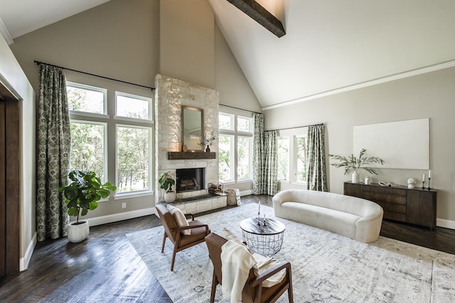 817 Burton Point Rd, Mount Juliet, TN 37122 - living area with baseboards, high vaulted ceiling, a tile fireplace, and wood finished floors