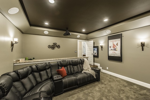 817 Burton Point Rd, Mount Juliet, TN 37122 - carpeted home theater room featuring baseboards, ornamental molding, recessed lighting, and a raised ceiling