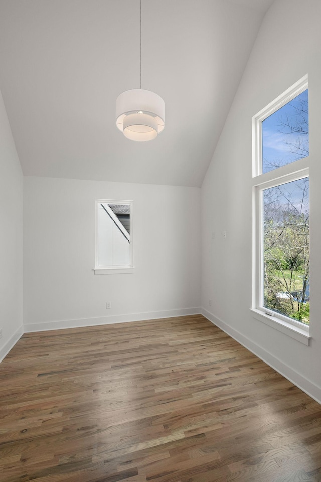 additional living space with baseboards, lofted ceiling, and wood finished floors