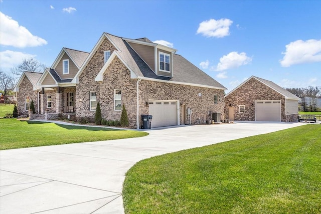 craftsman inspired home with a front lawn, a garage, driveway, central AC, and brick siding