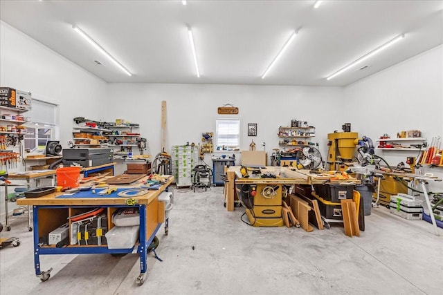 garage with a workshop area