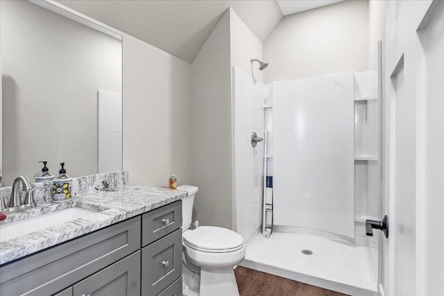 bathroom featuring toilet, a shower stall, wood finished floors, and vanity