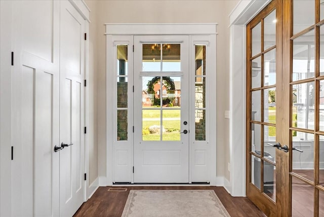 doorway with dark wood-style floors, a healthy amount of sunlight, and french doors