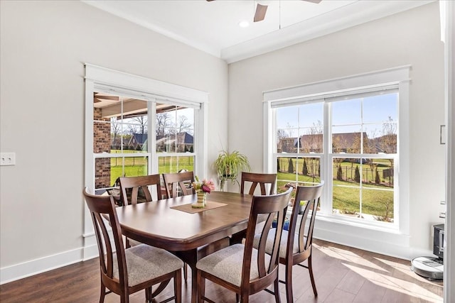dining space with a ceiling fan, wood finished floors, and baseboards