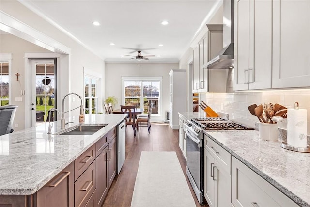 kitchen featuring appliances with stainless steel finishes, ceiling fan, dark wood-style flooring, a sink, and wall chimney exhaust hood