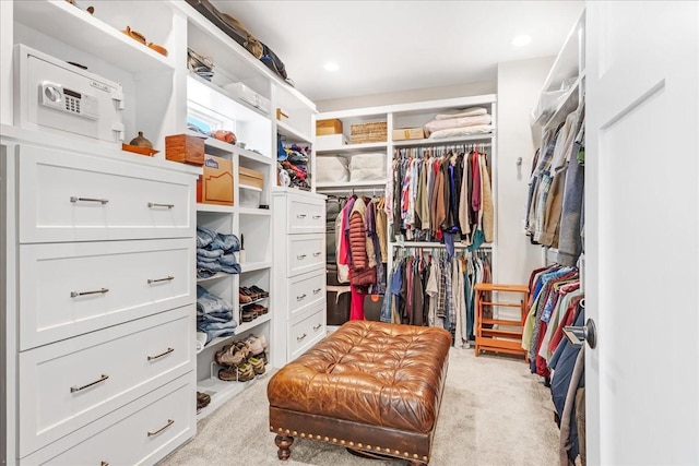 spacious closet featuring light carpet