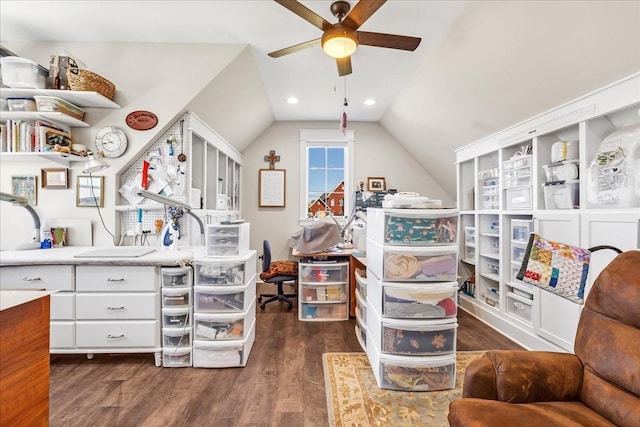 interior space with lofted ceiling, dark wood-style flooring, recessed lighting, and a ceiling fan