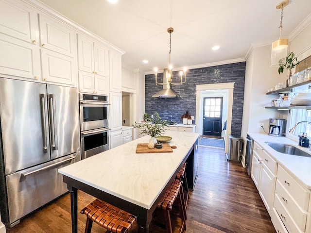 336 Chesterfield Ave, Nashville, TN 37212 - kitchen with a sink, dark wood-style floors, stainless steel appliances, wall chimney range hood, and ornamental molding