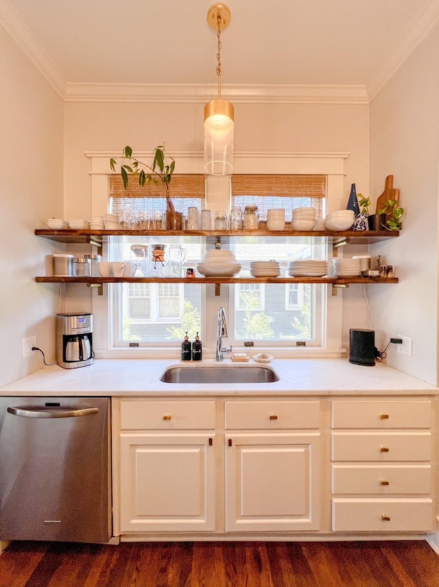 336 Chesterfield Ave, Nashville, TN 37212 - bar featuring dark wood-type flooring, a sink, stainless steel dishwasher, and crown molding
