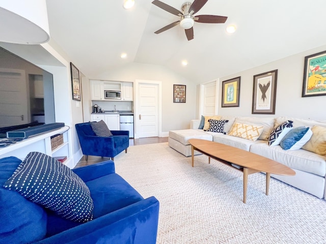 336 Chesterfield Ave, Nashville, TN 37212 - living area with light wood-type flooring, lofted ceiling, baseboards, ceiling fan, and recessed lighting