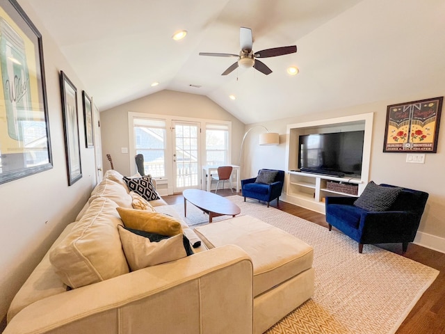 336 Chesterfield Ave, Nashville, TN 37212 - living room featuring vaulted ceiling, recessed lighting, baseboards, a ceiling fan, and wood finished floors