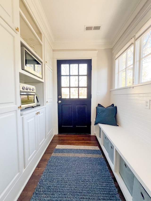 336 Chesterfield Ave, Nashville, TN 37212 - mudroom with ornamental molding, visible vents, and dark wood finished floors