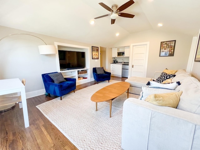336 Chesterfield Ave, Nashville, TN 37212 - living area with baseboards, wood finished floors, recessed lighting, a ceiling fan, and lofted ceiling