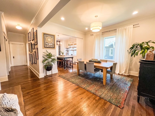 336 Chesterfield Ave, Nashville, TN 37212 - dining area featuring baseboards, recessed lighting, ornamental molding, and dark wood-style flooring