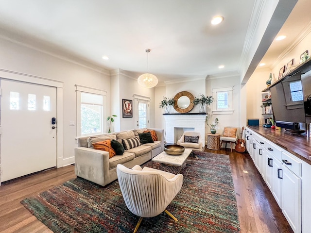336 Chesterfield Ave, Nashville, TN 37212 - living area with dark wood-style flooring, crown molding, and recessed lighting