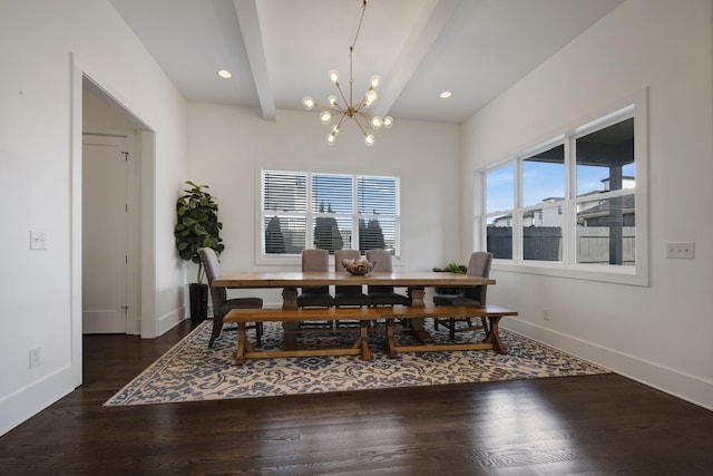dining area with baseboards, wood finished floors, an inviting chandelier, and beamed ceiling