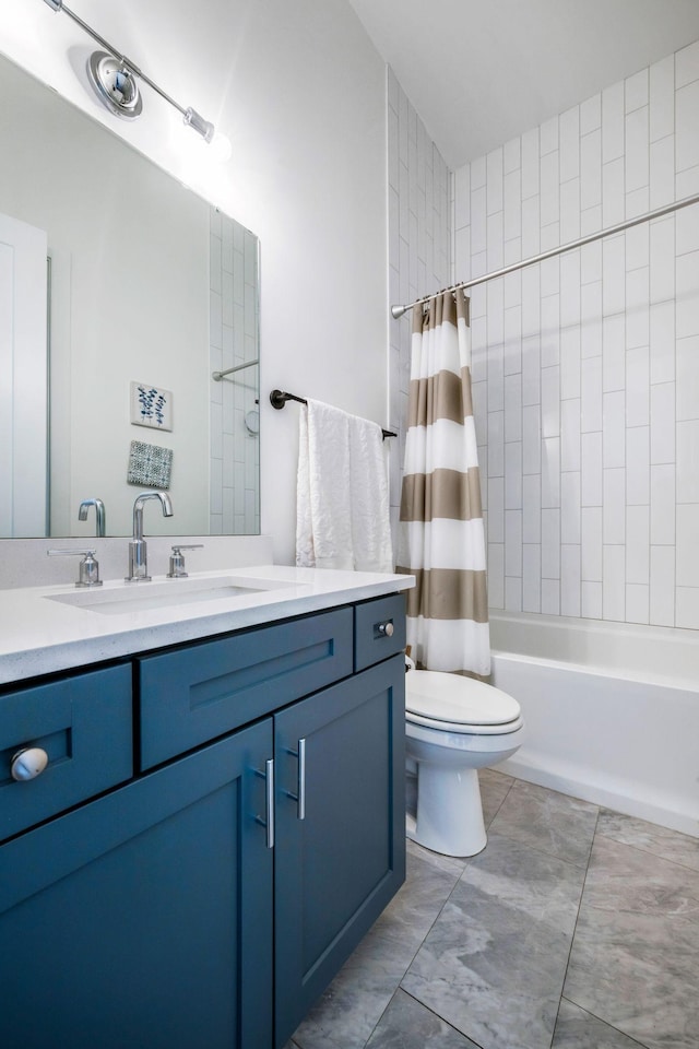 bathroom featuring shower / tub combo, toilet, and vanity