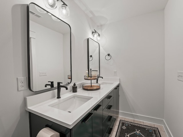 full bathroom featuring baseboards, visible vents, a sink, and double vanity