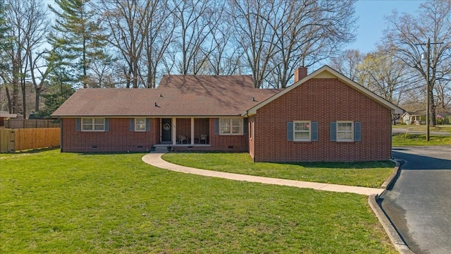 single story home with fence, crawl space, and a front yard
