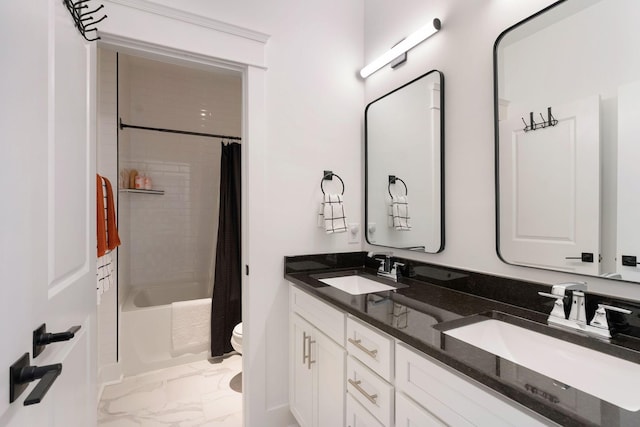 bathroom featuring marble finish flooring, toilet, double vanity, and shower / bathtub combination with curtain
