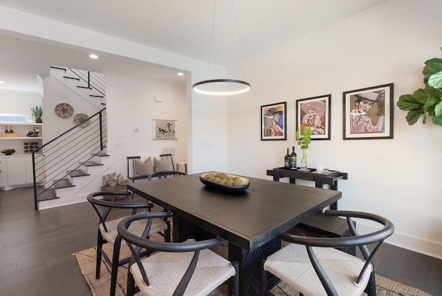 dining area with stairs, dark wood finished floors, recessed lighting, and baseboards