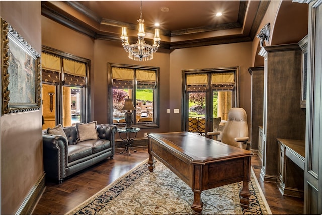 947 Tyne Blvd, Nashville, TN 37220 - office space with crown molding, baseboards, a raised ceiling, dark wood-type flooring, and an inviting chandelier