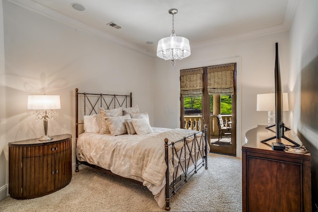 947 Tyne Blvd, Nashville, TN 37220 - bedroom featuring visible vents, crown molding, access to outside, light carpet, and a notable chandelier
