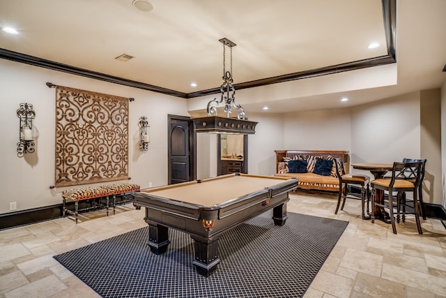 947 Tyne Blvd, Nashville, TN 37220 - recreation room with stone tile floors, recessed lighting, ornamental molding, baseboards, and visible vents