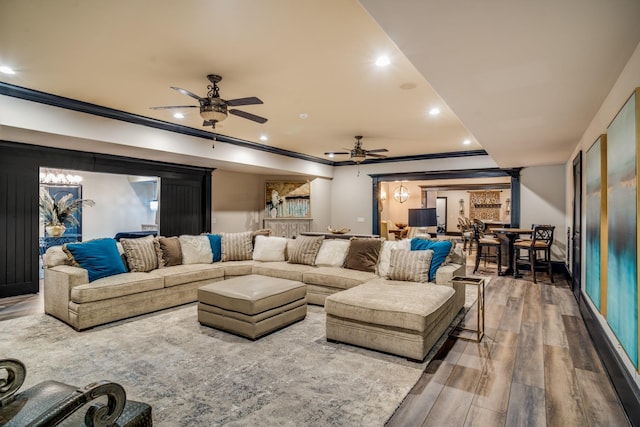 947 Tyne Blvd, Nashville, TN 37220 - living room featuring wood finished floors, ornamental molding, and ceiling fan