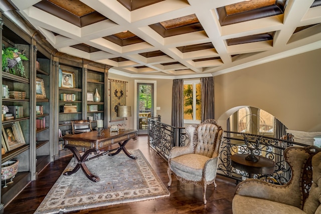 947 Tyne Blvd, Nashville, TN 37220 - office area featuring coffered ceiling, beamed ceiling, and dark wood-type flooring
