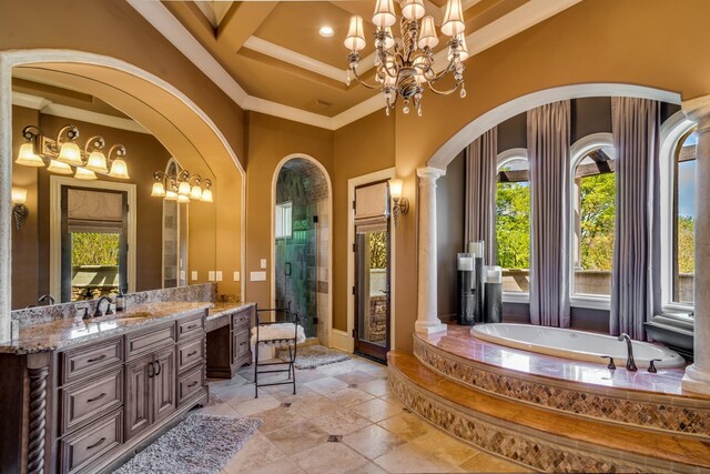 947 Tyne Blvd, Nashville, TN 37220 - full bathroom featuring vanity, coffered ceiling, ornamental molding, a chandelier, and a bath
