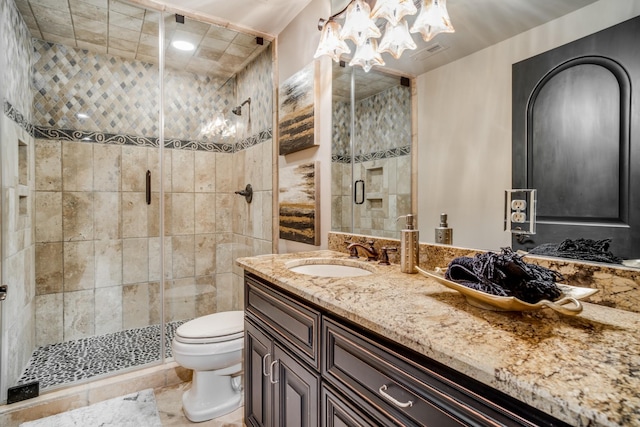 947 Tyne Blvd, Nashville, TN 37220 - full bath with visible vents, a shower stall, toilet, vanity, and an inviting chandelier