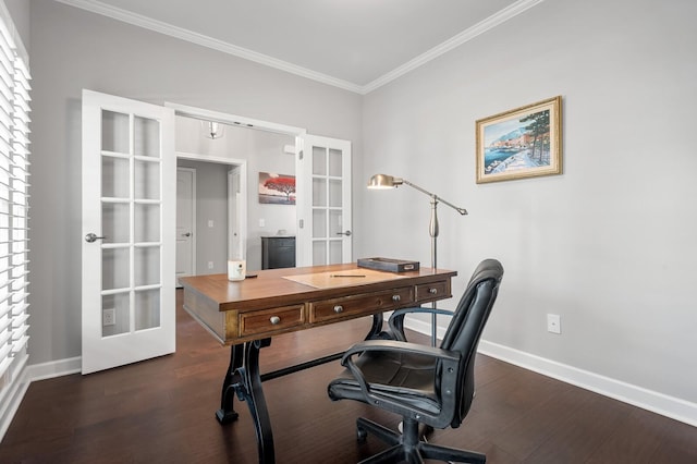 office area with crown molding, baseboards, french doors, and wood finished floors