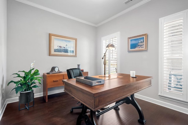 office featuring baseboards, ornamental molding, and dark wood-type flooring